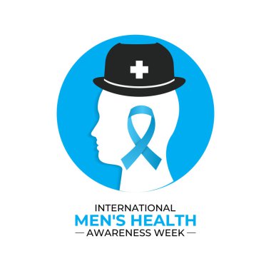 Erkekler Sağlık Haftası temasına ilişkin illüstrasyon her yıl Haziran ayında gözlemlenir. Mavi kurdele, bıyıklı ve gerçekçi kurdeleli steteskop. Uluslararası Erkekler Günü ve Babalar Günü kavramları. Vektör çizimi. Eps 10.