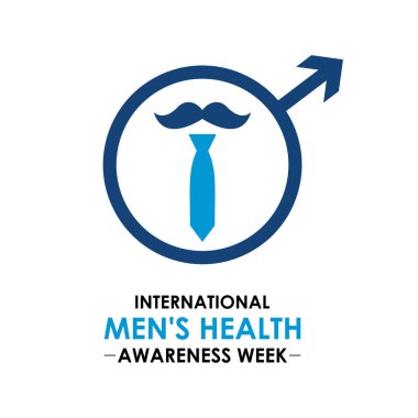 Erkekler Sağlık Haftası temasına ilişkin illüstrasyon her yıl Haziran ayında gözlemlenir. Mavi kurdele, bıyıklı ve gerçekçi kurdeleli steteskop. Uluslararası Erkekler Günü ve Babalar Günü kavramları. Vektör çizimi. Eps 10.