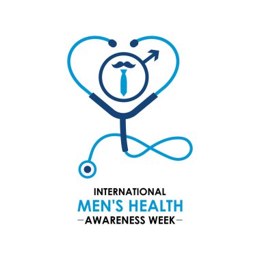 Erkekler Sağlık Haftası temasına ilişkin illüstrasyon her yıl Haziran ayında gözlemlenir. Mavi kurdele, bıyıklı ve gerçekçi kurdeleli steteskop. Uluslararası Erkekler Günü ve Babalar Günü kavramları. Vektör çizimi. Eps 10.