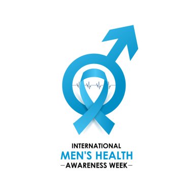 Erkekler Sağlık Haftası temasına ilişkin illüstrasyon her yıl Haziran ayında gözlemlenir. Mavi kurdele, bıyıklı ve gerçekçi kurdeleli steteskop. Uluslararası Erkekler Günü ve Babalar Günü kavramları. Vektör çizimi. Eps 10.