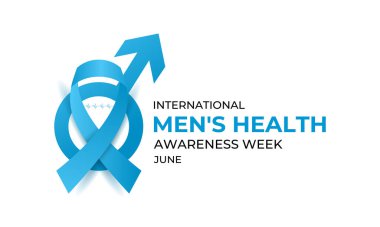 Erkekler Sağlık Haftası temasına ilişkin illüstrasyon her yıl Haziran ayında gözlemlenir. Mavi kurdele, bıyıklı ve gerçekçi kurdeleli steteskop. Uluslararası Erkekler Günü ve Babalar Günü kavramları. Vektör çizimi. Eps 10.