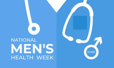 Erkekler Sağlık Haftası temasına ilişkin illüstrasyon her yıl Haziran ayında gözlemlenir. Mavi kurdele, bıyıklı ve gerçekçi kurdeleli steteskop. Uluslararası Erkekler Günü ve Babalar Günü kavramları.