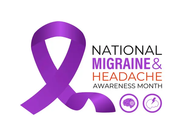Haziran ayındaki ulusal migren ve baş ağrısı farkındalığı konulu vektör illüstrasyonu. Belirtiler arasında şiddetli zonklayan ağrı, bulantı, ışığa duyarlılık ve aura olabilir. Sancak ve arkaplan