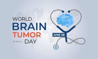 Dünya Beyin Tümörü Günü her yıl 8 Haziran 'da kutlanır. Halkı Risk faktörleri, beyin tümörü ve nörolojik bozukluklar hakkında bilgilendirin. Beyni ve gerçekçi kurdelesi olan bir kafa. Sancak Vektörü.