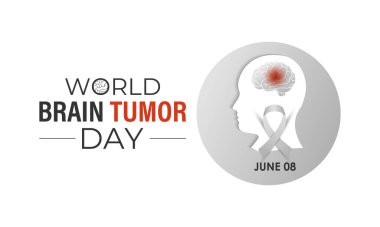 Dünya Beyin Tümörü Günü her yıl 8 Haziran 'da kutlanır. Halkı Risk faktörleri, beyin tümörü ve nörolojik bozukluklar hakkında bilgilendirin. Beyni ve gerçekçi kurdelesi olan bir kafa. Sancak Vektörü.
