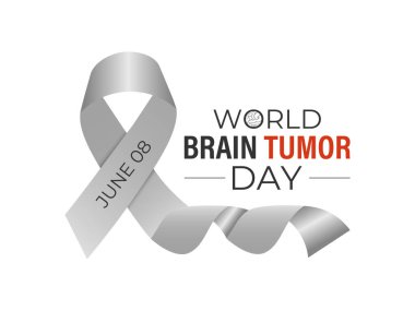 Dünya Beyin Tümörü Günü her yıl 8 Haziran 'da kutlanır. Halkı Risk faktörleri, beyin tümörü ve nörolojik bozukluklar hakkında bilgilendirin. Beyni ve gerçekçi kurdelesi olan bir kafa. Sancak Vektörü.