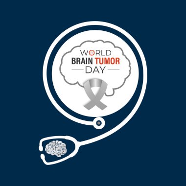 Dünya Beyin Tümörü Günü her yıl 8 Haziran 'da kutlanır. Halkı Risk faktörleri, beyin tümörü ve nörolojik bozukluklar hakkında bilgilendirin. Beyni ve gerçekçi kurdelesi olan bir kafa. Sancak Vektörü.
