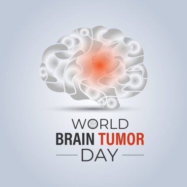 Dünya Beyin Tümörü Günü her yıl 8 Haziran 'da kutlanır. Halkı Risk faktörleri, beyin tümörü ve nörolojik bozukluklar hakkında bilgilendirin. Beyni ve gerçekçi kurdelesi olan bir kafa. Sancak Vektörü.