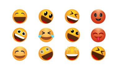 Bir dizi gülen yüz ikonu. Animasyon emojilere duygusal tepkiler. Bu canlı ifade eden emojiler herhangi bir dijital içeriğe bir kişilik ve duygu patlaması getirir..