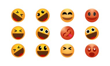 Bir dizi gülen yüz ikonu. Animasyon emojilere duygusal tepkiler. Bu canlı ifade eden emojiler herhangi bir dijital içeriğe bir kişilik ve duygu patlaması getirir..