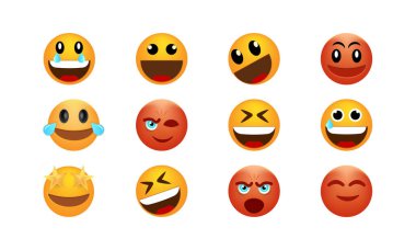 Bir dizi gülen yüz ikonu. Animasyon emojilere duygusal tepkiler. Bu canlı ifade eden emojiler herhangi bir dijital içeriğe bir kişilik ve duygu patlaması getirir..