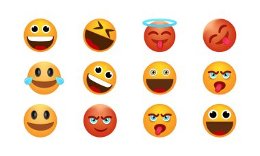 Bir dizi gülen yüz ikonu. Animasyon emojilere duygusal tepkiler. Bu canlı ifade eden emojiler herhangi bir dijital içeriğe bir kişilik ve duygu patlaması getirir..