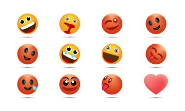 Bir dizi gülen yüz ikonu. Animasyon emojilere duygusal tepkiler. Bu canlı ifade eden emojiler herhangi bir dijital içeriğe bir kişilik ve duygu patlaması getirir..