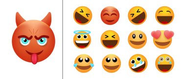 Bir dizi gülen yüz ikonu. Animasyon emojilere duygusal tepkiler. Bu canlı ifade eden emojiler herhangi bir dijital içeriğe bir kişilik ve duygu patlaması getirir..