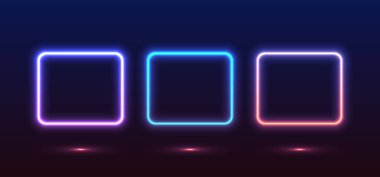 Soyut bir arkaplanda yeşil, mavi, beyaz, pembe ve mor renkli neon ışıklar yanıp sönüyor. Daire, dikdörtgen, altıgen farklı şekillerde arka plan vektör tasarımı. Parlak girdaplı arkaplan 