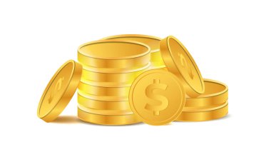 Gerçekçi sarı pirinç ya da altın sikke farklı görüşler. Kabartmalı Dolar İşareti ve Yıldız desenli Sınır Yumuşak Gölgeli Temiz Beyaz Arkaplan. Üç boyutlu altın sikkeler. Ödeme ve yatırım, banka ve finans, para sembolü.
