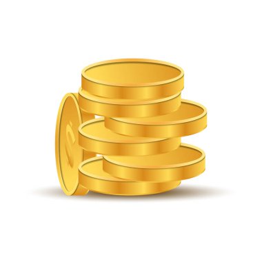 Gerçekçi sarı pirinç ya da altın sikke farklı görüşler. Kabartmalı Dolar İşareti ve Yıldız desenli Sınır Yumuşak Gölgeli Temiz Beyaz Arkaplan. Üç boyutlu altın sikkeler. Ödeme ve yatırım, banka ve finans, para sembolü.