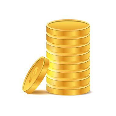 Gerçekçi sarı pirinç ya da altın sikke farklı görüşler. Kabartmalı Dolar İşareti ve Yıldız desenli Sınır Yumuşak Gölgeli Temiz Beyaz Arkaplan. Üç boyutlu altın sikkeler. Ödeme ve yatırım, banka ve finans, para sembolü.