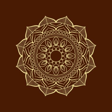 Vektör soyut mandala deseni. Simetrik, dairesel bir desen içerir. Zengin kahverengi bir zemin üzerinde narin, altın renkli bir çizgi işidir. Vektör çiçek mandala. Geometrik süslemeli mandala