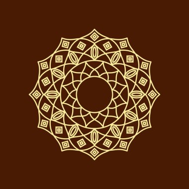 Vektör soyut mandala deseni. Simetrik, dairesel bir desen içerir. Zengin kahverengi bir zemin üzerinde narin, altın renkli bir çizgi işidir. Vektör çiçek mandala. Geometrik süslemeli mandala