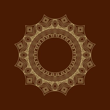 Vektör soyut mandala deseni. Simetrik, dairesel bir desen içerir. Zengin kahverengi bir zemin üzerinde narin, altın renkli bir çizgi işidir. Vektör çiçek mandala. Geometrik süslemeli mandala