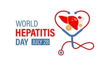 Dünya Hepatit Günü Tıbbi Bilinç Konsepti. Steteskoplu karaciğer ve gercekci kurdele tasarım şablonu. Karaciğer hastalığı, siroz ve kanseri gösteren soyut konsept grafik.
