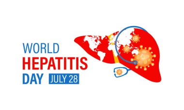 Dünya Hepatit Günü Tıbbi Bilinç Konsepti. Steteskoplu karaciğer ve gercekci kurdele tasarım şablonu. Karaciğer hastalığı, siroz ve kanseri gösteren soyut konsept grafik.