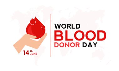 Dünya Kan Bağışı Günü temalı illüstrasyon 14 Haziran 'da yapılacaktır. Elle kan damlası ve gerçekçi kurdele. Bir damla dünyayı kurtarabilir. Kan torbası ve kalp pankartı, kartlar, baskılar, sosyal medya.