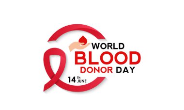 Dünya Kan Bağışı Günü temalı illüstrasyon 14 Haziran 'da yapılacaktır. Elle kan damlası ve gerçekçi kurdele. Bir damla dünyayı kurtarabilir. Kan torbası ve kalp pankartı, kartlar, baskılar, sosyal medya.