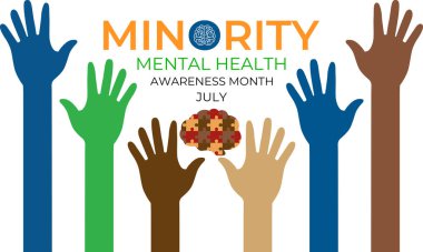 Ulusal Azınlık Akıl Sağlığı Bilinci Ayı. Stigma 'yı kırmak, Equity' yi desteklemek ve Toplum Banner, sosyal medya, poster ve arka plan tasarım şablonlarında Zihinsel Sağlığın Desteklenmesi.