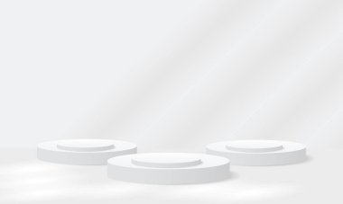 Zarif Minimalist Beyaz Podyum Sahnesi Kemer Arkalı. Lüks Ürün Görünümü ve Modern Marka için mükemmel. 3D beyaz podyum, beyaz arka plan, ışık ve gölge. Lüks Moda Sahne Moda Sahnesi