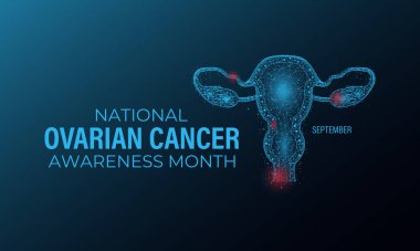 Düşük bir polimerle tasarlandı. Yumurtalık kanseri farkındalığı her yıl Eylül ayında gözlemlenir. Sağlık ve tıp için bir konsept. Gerçekçi Teal Ribbon ve yumurtalıkları. Afiş arkaplanı.