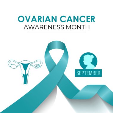 Yumurtalık kanseri farkındalığı her yıl Eylül ayında gözlemlenir. Sağlık ve tıp için bir konsept. Gerçekçi Teal Ribbon ve yumurtalıkları. Web pankartı, kart, baskı, sosyal medya için oluşturuluyor.