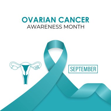 Yumurtalık kanseri farkındalığı her yıl Eylül ayında gözlemlenir. Sağlık ve tıp için bir konsept. Gerçekçi Teal Ribbon ve yumurtalıkları. Web pankartı, kart, baskı, sosyal medya için oluşturuluyor.