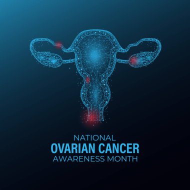 Düşük bir polimerle tasarlandı. Yumurtalık kanseri farkındalığı her yıl Eylül ayında gözlemlenir. Sağlık ve tıp için bir konsept. Gerçekçi Teal Ribbon ve yumurtalıkları. Afiş arkaplanı.