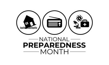 Eylül, bireyleri, aileleri ve toplumları felaketlere hazırlanmaya teşvik eden Ulusal Hazırlık Ayı 'dır. Aksiyon, sel ve kasırga gibi doğal afetler. Afiş tasarımı.