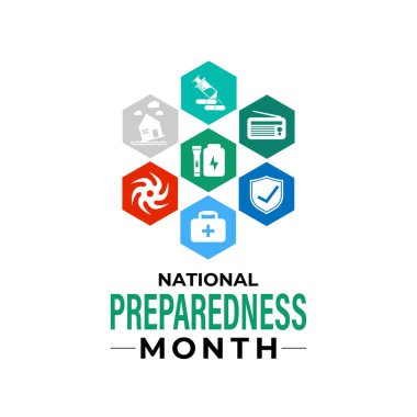 Eylül, bireyleri, aileleri ve toplumları felaketlere hazırlanmaya teşvik eden Ulusal Hazırlık Ayı 'dır. Aksiyon, sel ve kasırga gibi doğal afetler. Afiş tasarımı.