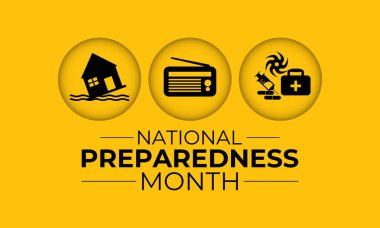 Eylül, bireyleri, aileleri ve toplumları felaketlere hazırlanmaya teşvik eden Ulusal Hazırlık Ayı 'dır. Aksiyon, sel ve kasırga gibi doğal afetler. Afiş tasarımı.