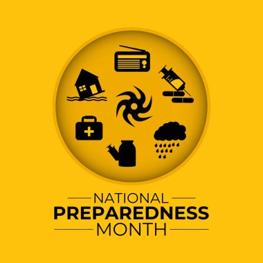 Eylül, bireyleri, aileleri ve toplumları felaketlere hazırlanmaya teşvik eden Ulusal Hazırlık Ayı 'dır. Aksiyon, sel ve kasırga gibi doğal afetler. Afiş tasarımı.