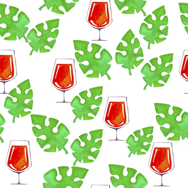 suluboya desensiz Monstera Yaprak Şablonu ve Aperol Kokteyli 'ni kartpostal tasarımı için beyaz bir zemin üzerine çiziyor.