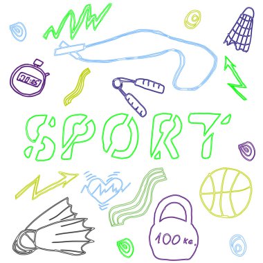 Renkli vektör çizilmiş spor ikonları karalama harfleri yüzerek badminton spor ekipmanları, fitness. Bir matbaa için tasarım ögeleri koleksiyonu