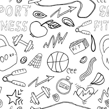Vektör el çizimi spor simgeleri karalama harfleri. Yüzme, vücut geliştirme badminton spor ekipmanları, fitness. Kusursuz desen. Typography için tasarım elementleri koleksiyonu.