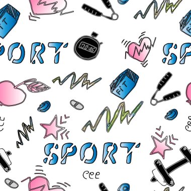Çok renkli vektör el çizimi spor ikonları karalama harfleri. Yüzme, vücut geliştirme badminton spor ekipmanları, fitness. Kusursuz desen. Typography için tasarım elementleri koleksiyonu.