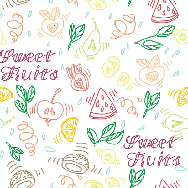 Elle çizilmiş renkli karalama seti meyve parçaları ve bitki tasarımı elementleri içeren tatlı meyve harfleri beyaz bir arka planda vektörsüz çizimler deseni. Yazdırma ve tekstil kartpostalları için.