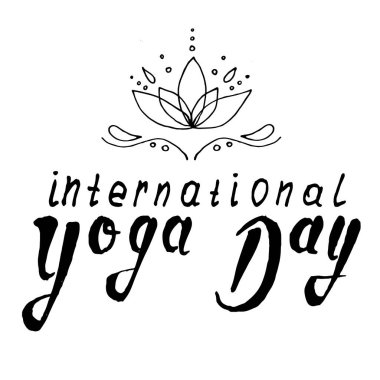 Uluslararası Yoga Günü için minimalist siyah beyaz vektör çizimi. El yapımı nilüfer çiçeği ve şık harfler. Yoga stüdyoları, markalaşma, davetiyeler, posterler ve dijital medya için ideal.
