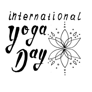 Uluslararası Yoga Günü için minimalist siyah beyaz vektör çizimi. El yapımı nilüfer çiçeği ve şık harfler. Yoga stüdyoları, markalaşma, davetiyeler, posterler ve dijital medya için ideal.
