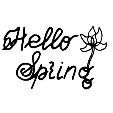 Hello Spring yazıları beyaz arka planda çizilmiş bir çiçek eliyle süslenmiştir. Kartpostal etiketlerinin tasarımının temeli .vektör bileşimi.
