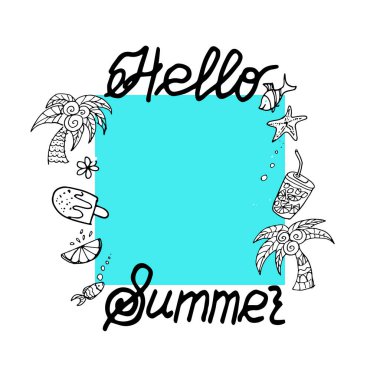 Merhaba, palmiye ağacı ve limonata turunçgil kabuğu kare çerçeve mavi arkaplan vektör grafik çizim el çizimi resim tabanı tekstil tasarım masa takımı ve baskı