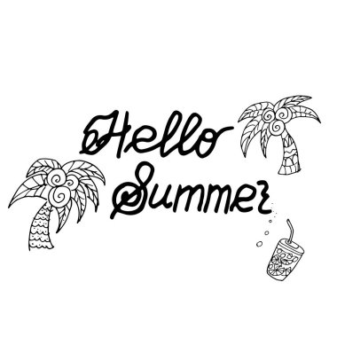 Merhaba yaz palmiyesi ve limonata kaligrafi kompozisyon vektör grafik el çizimi resim tabanı tekstil tasarım masa takımı ve baskı