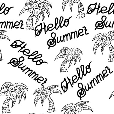 Merhaba yaz palmiyesi ve limonata kaligrafi kompozisyon vektör grafik el çizimi resim tabanı tekstil tasarım masa takımı ve baskı